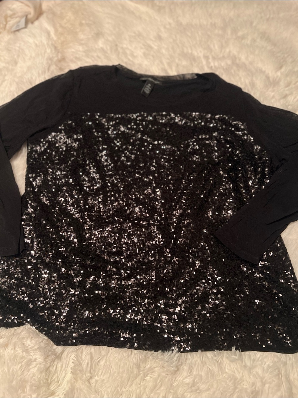 INC International Concepts Black Sequin Front Long Sleeve Tee